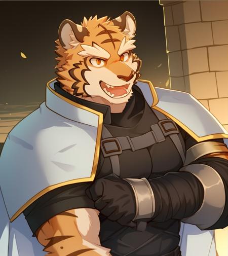 01093-2165791636-bara, furry, furry_male,male focus,muscular male, orange eyes,tiger furry,tiger ears, ,1boy, solo, _knight, fangs,_((five finger.png